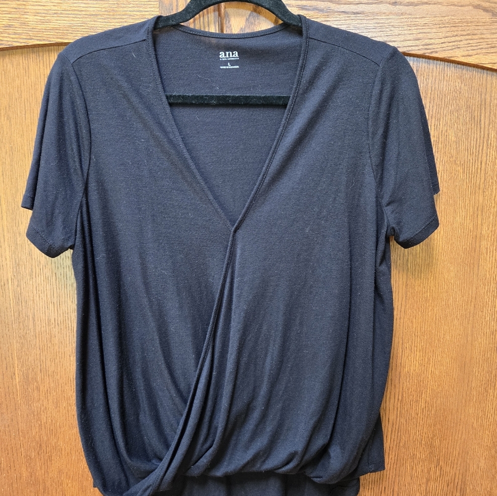 a.n.a. short sleeve black v-neck faux wrap top